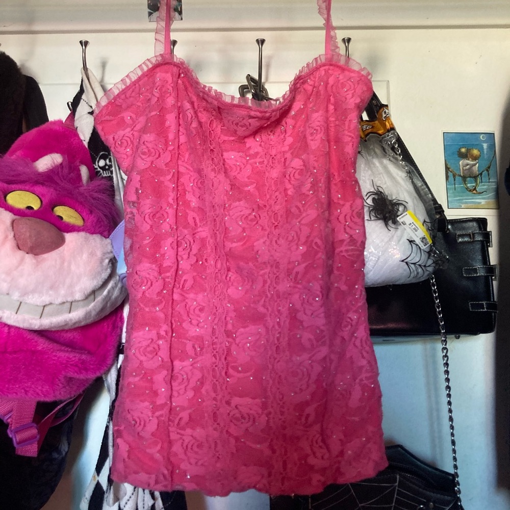 Sparkly pink lace cami top